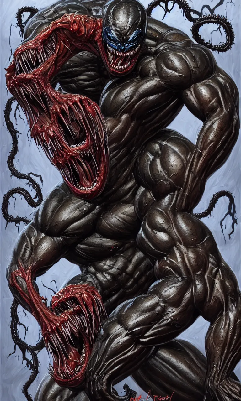 Prompt: hyper realist full body long shot portrait of bodybuilder venom from marvel comics!!!!, leg study!!!, large mouth with teeth, large tongue, lovecraftian horror!!, fantasy, intricate, elegant, highly detailed, digital painting, artstation, concept art, matte, sharp focus, illustration, art by glenn fabry and giger