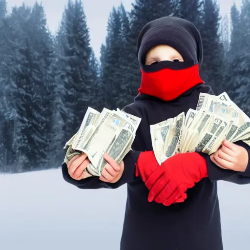 Prompt: A stunning beautiful full body photograph of kid in a ski mask holding two full bags of cash, from Time magazine, award winning, taken with Sony alpha 9, sigma art lens, full body shot