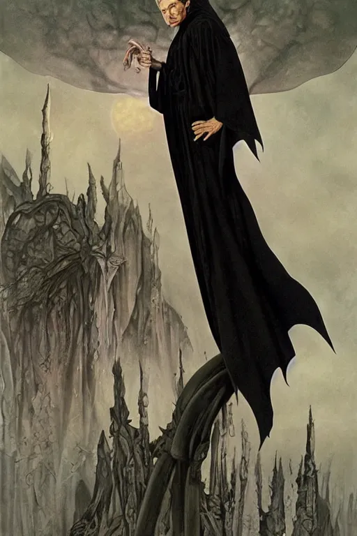 Image similar to a vampire wearing a long black robe with large bat ears huge black eyes and gray skin, character art, painting by james c christensen