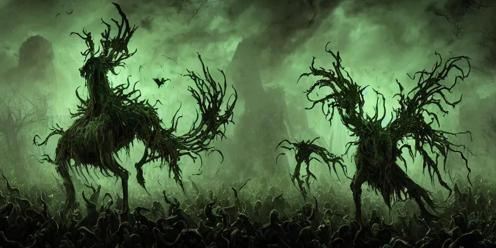 Prompt: A hauntedly beautiful yet grotesque wraith of pestilence and disease glowing with green ethereal light, with arms outstretched she hovers atop a hoard of swarming undead rats, high quality, hyperdetailed, fantasy,