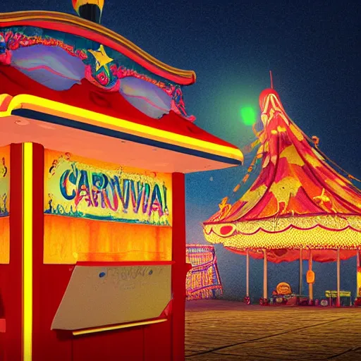 Prompt: flying carnival ticket booth. artstation, artgem, 4 k render, digital painting, nighttime, smooth gradients