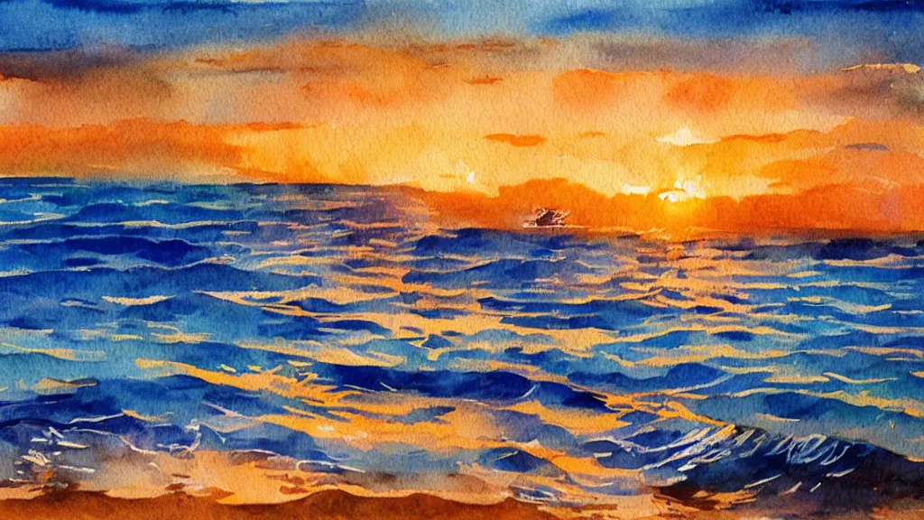 Image similar to A beautiful seascapeat sunset, watercolor painting