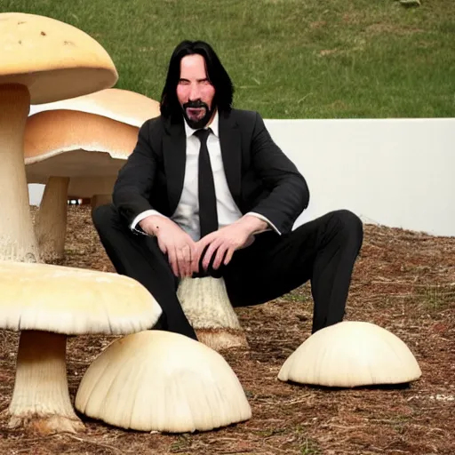 Image similar to Keanu Reeves sitting on a giant mushroom