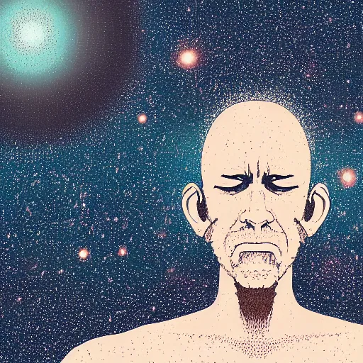 Image similar to a man in a deep meditative state become one with the universe, digital art, illustration