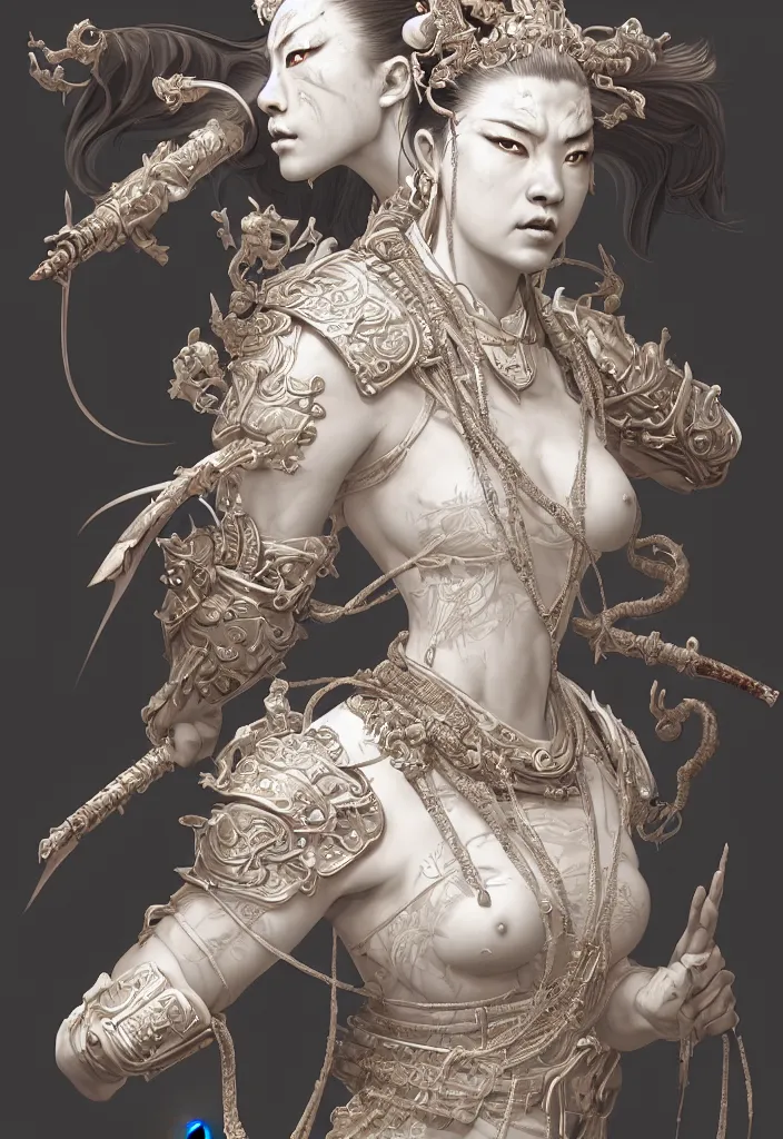 Image similar to subsurface scattering, white, koi, female samurai deity with filigree ivory armor, by jesper ejsing, james jean, justin gerard, tomasz alen kopera, cgsociety and fenghua zhong, highly detailed, rim light, cinematic lighting, illustration, art, octane render, very coherent, cinematic, hyper realism, high detail, 8 k