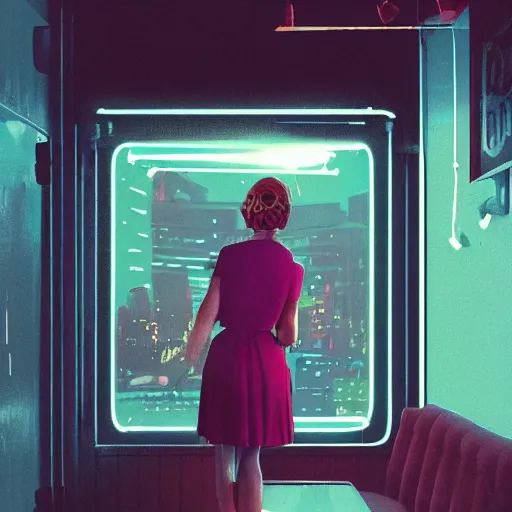 Image similar to vertical movie frame portrait of girl in 5 0's retro restaurant interior, neon - decorated urban on night in the city seen through the window, modern interior design, architectural design, vintage, night blade runner, dark, postapocalyptic, clean lines, 4 k, octane, lunarcore city at distance, big windows, octane, wide angle