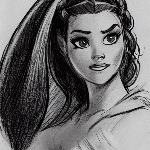 Image similar to milt kahl sketch of vanessa hudgeons with done up hair, tendrils covering face and ponytail as princess padme from star wars episode 3