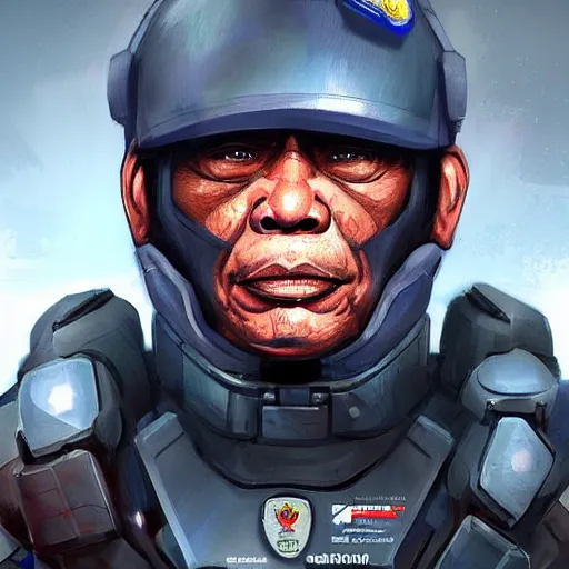 Image similar to Rodrigo Duterte in a mech soldier suit, sci-fi, digital painting, trending in artstation