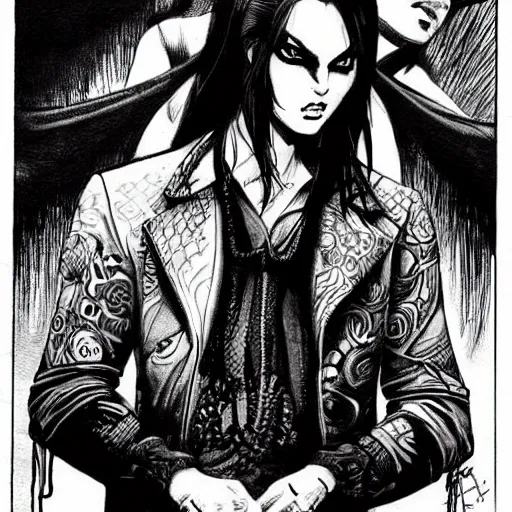 Prompt: beautiful portrait commission of a handsome alligatoah casual clothes in a vintage gothic style. black hair. pale skin, black makeup. character design by moebius, detailed, inked, western comic book art