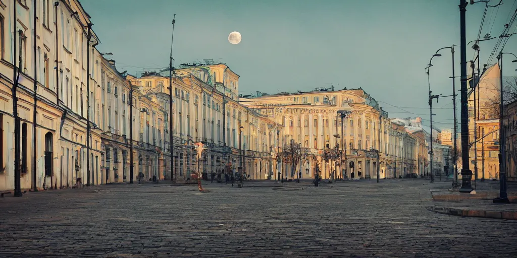 Prompt: cinematic street shot of a antigravity saint petersburg city in the moon, orbit city, telephoto, anamorphic cinematography, beautiful composition, color theory, leading lines, photorealistic, moody volumetric lighting