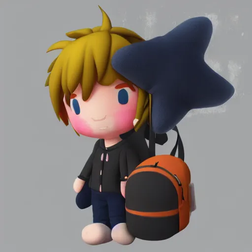 Image similar to cute fumo plush of a boy with a backpack who's ready to go out and explore the world, lens flare, leaving home, outline glow, vray