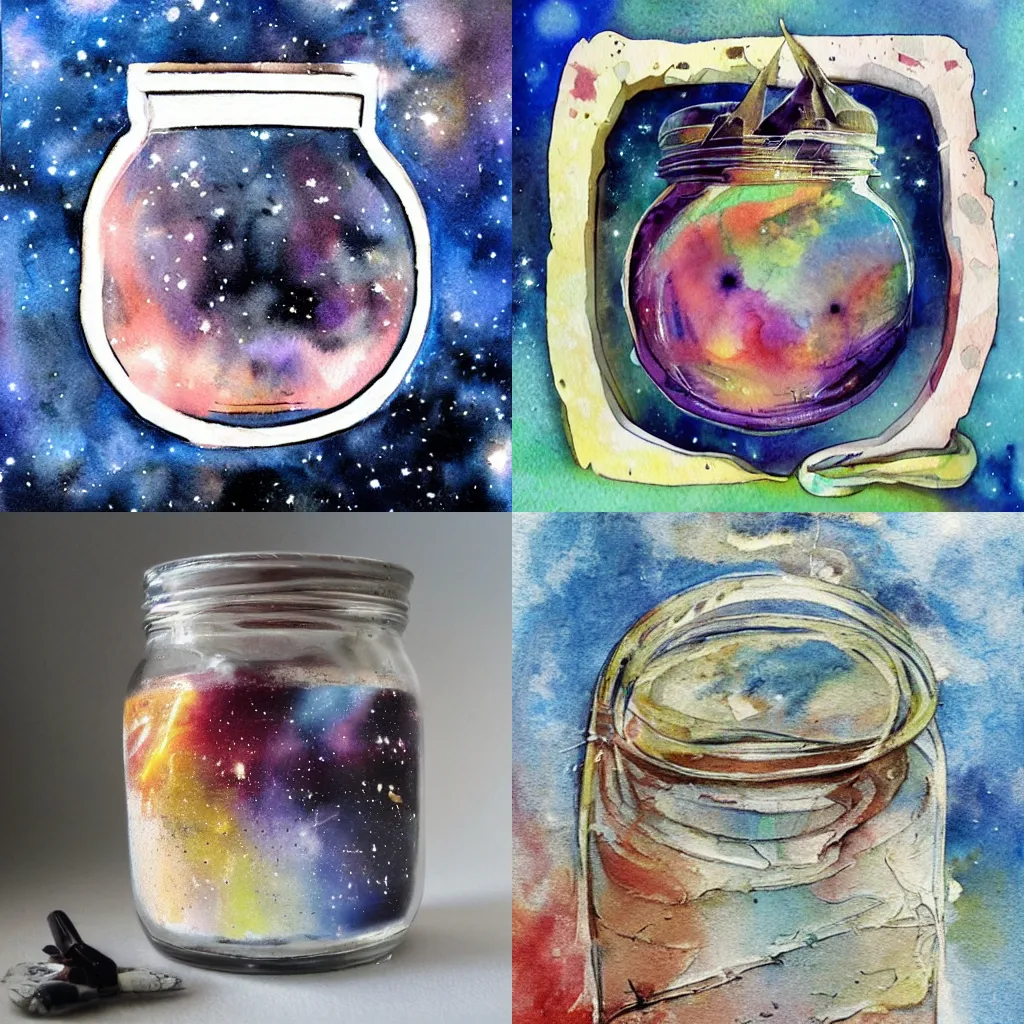 Image similar to a watercolor painting of a galaxy inside a jar, artstation