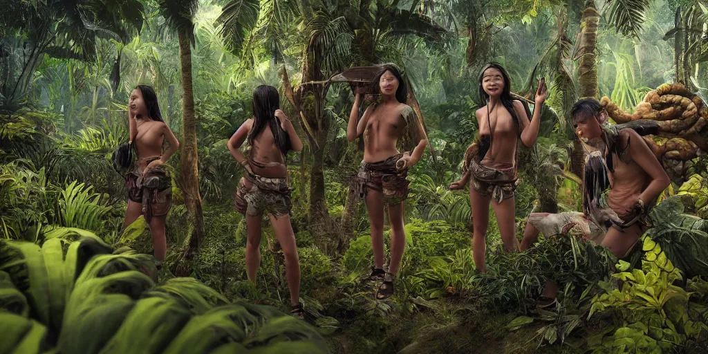 Prompt: borneo people in jungle, unreal 5, hyperrealistic, realistic, photorealistic, dynamic lighting, highly detailed, cinematic landscape, studio landscape, studio lighting