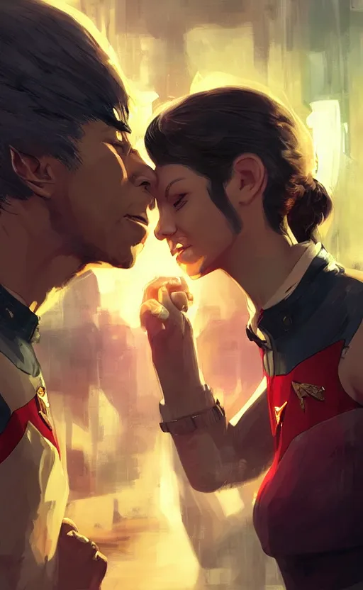 Prompt: Uhura and Spock caught about to kiss, surprise, cute, innocent, soft lighting, standing in a starbase bar, In style of Yoji Shinkawa, wojtek fus, by Makoto Shinkai, concept art, highly detailed