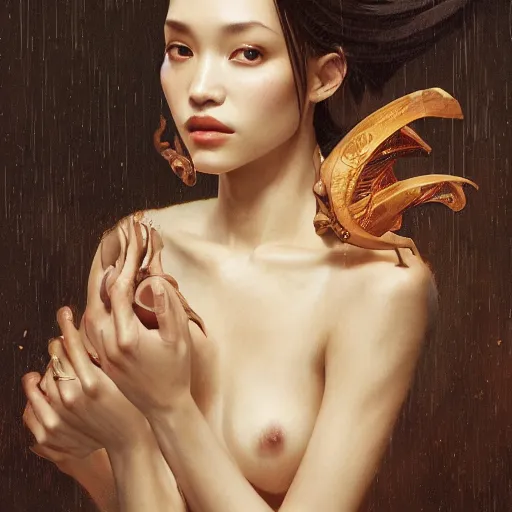 Prompt: Kiko Mizuhara, physically accurate, dynamic lighting, intricate, elegant, highly detailed, digital painting, artstation, HR GIGER, Hieronymus Bosch, Francis Bacon, concept art, smooth, sharp focus, illustration, art by artgerm and greg rutkowski and alphonse mucha