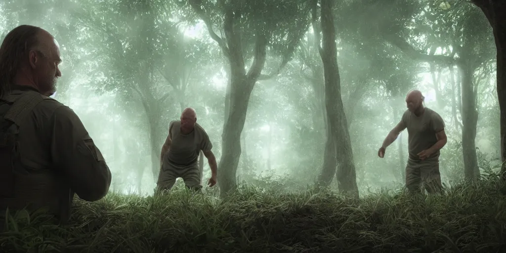 Prompt: john locke and hurley finding a new hatch in lost, face enhance, insandely detailed, photo realistic, cinematic lighting, trending on artstation, 4k, hyperrealistic, focused, extreme details, unreal engine 5, cinematic, masterpiece