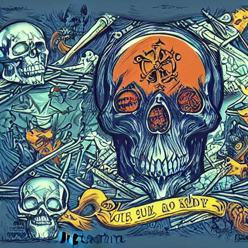 Prompt: a pirate flag, skull design for a rock band, art by Dan Mumford and Alex Pardee , intricate, D&D, dark fantasy,