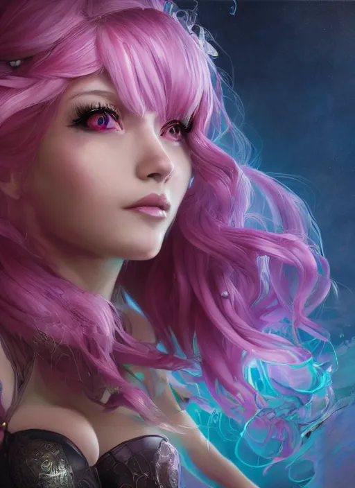 Prompt: seraphine, from league of legends, pink hair, studio microphone, new musical instruments, au naturel, hyper detailed, digital art, trending in artstation, cinematic lighting, studio quality, smooth render, unreal engine 5 rendered, octane rendered, art style by klimt and nixeu and ian sprigger and wlop and krenz cushart