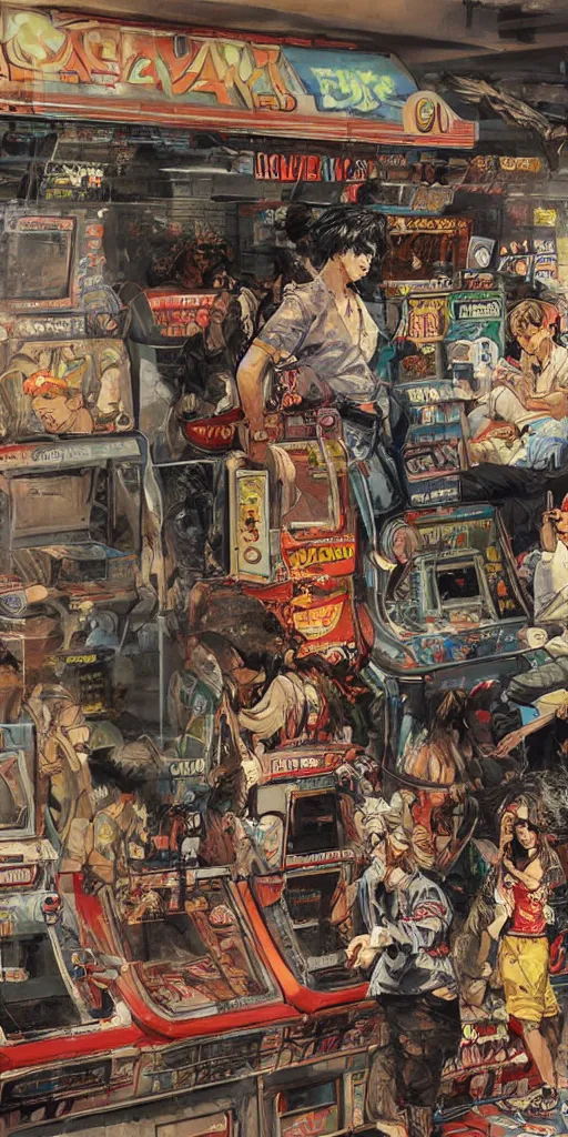 Image similar to oil painting scene from amusement arcade by kim jung gi