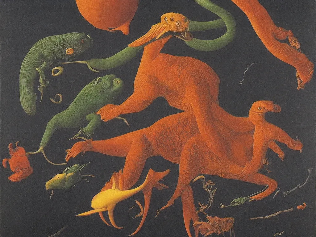 Image similar to beautiful exotic melancholy reptile at night. Painting by Jan van Eyck, Audubon, Rene Magritte, Agnes Pelton, Max Ernst, Walton Ford