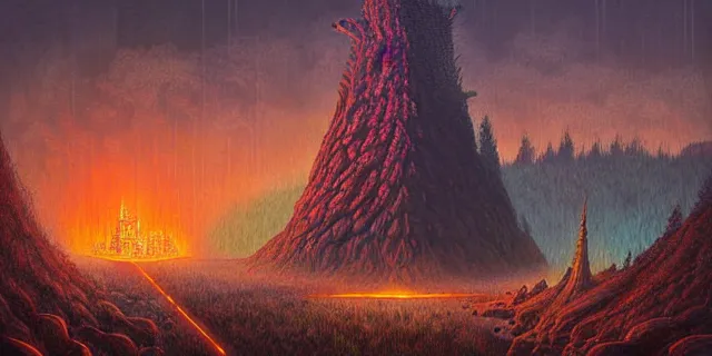 Prompt: painting lava dripping labyrinth with redwood trees covering futuristic castle city from bladerunner in the style of aquapunk by tomasz alen kopera and daniel lieske with futuristic castle by simon stahlenhag