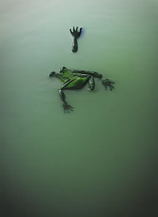 Image similar to “semitranslucent smiling frog amphibian floating over misty lake waters in Jesus Christ pose, low angle, long cinematic shot by Andrei Tarkovsky, paranormal, eerie, mystical”