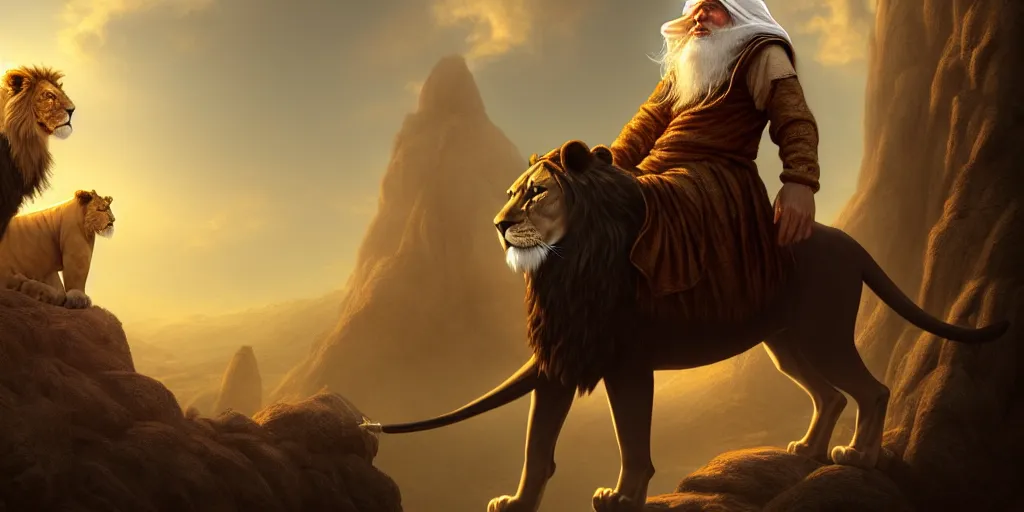 Image similar to alnaqua a hooded wise old man with a long white beard wearing a brown hooded tunic riding on top of a lion, the man riding is on the lion, the wise man is riding on top, majestic, epic digital art, cinematic, trending on artstation, superb detail 8 k, wide - angle, masterpiece