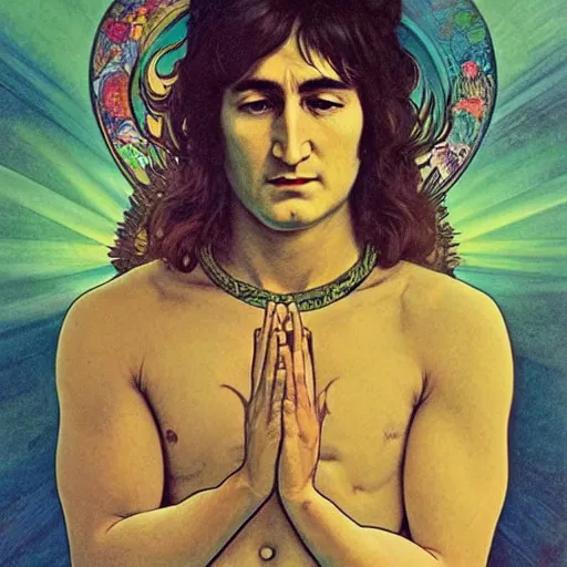 Prompt: young john lennon bodhisattva, praying, prayer hands, 1967 psychedelic portrait art by artgerm and greg rutkowski and alphonse mucha