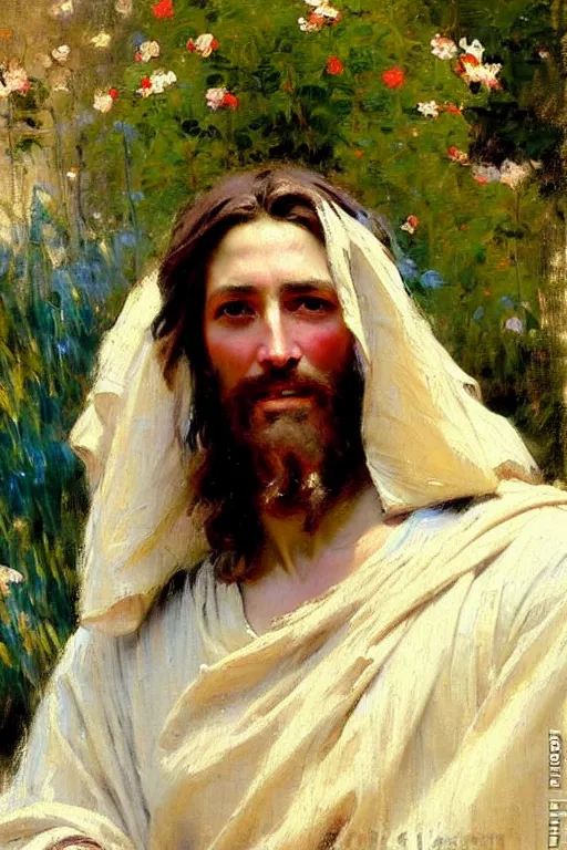 Image similar to impressionist brushstrokes!!!!!!!!! solomon joseph solomon and richard schmid and jeremy lipking victorian loose genre loose painting full length portrait painting of jesus with a slight smile happy inviting