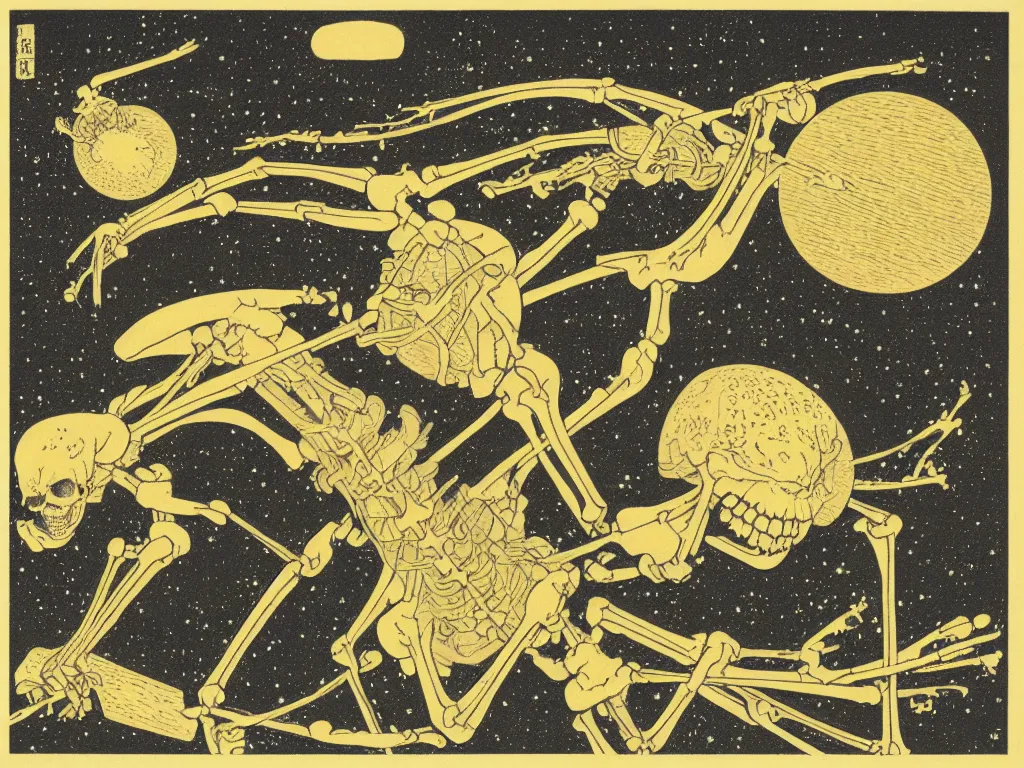 Prompt: portrait of an x-ray skeleton flying and squirting fluorescent liquid in the cosmos, woodblock print by Kawase Hasui