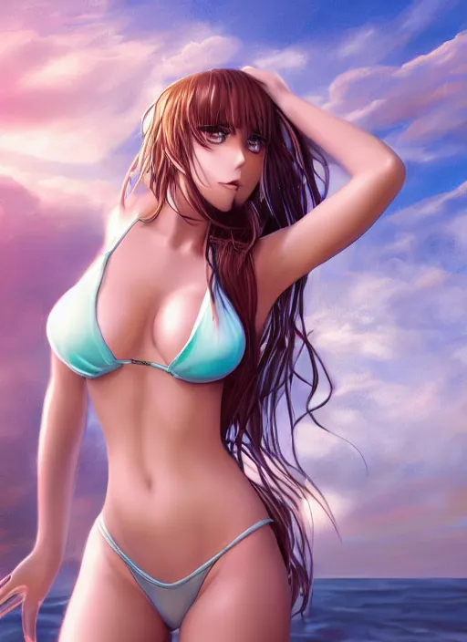 Prompt: very detailed full body portrait of alluring girl in bikini, manga, fantasy, beautiful, pretty face, curvaceous, dreamy aesthetic, 4 k, aura of light, cinematic lighting, highly detailed, sharp focus, masterpiece
