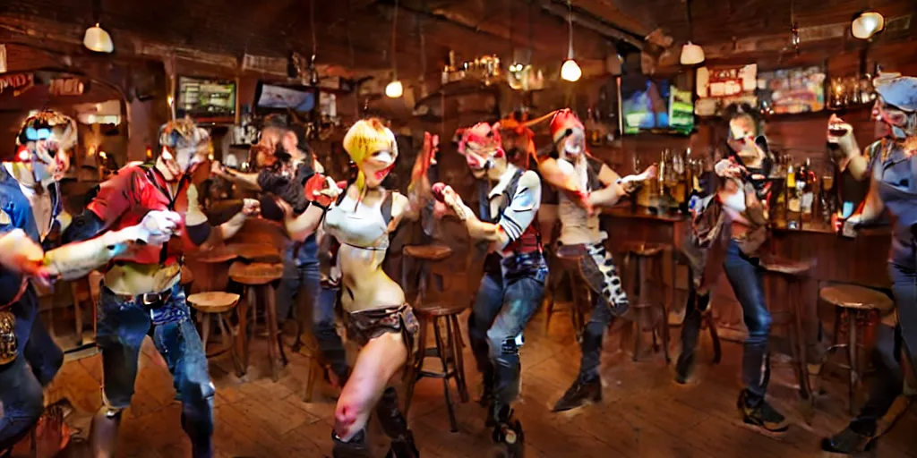 Image similar to a photo of a bar fight inside a pub between cosplayers, detailed faces, accurate faces, 4k, 3D render, hyperrealism, editorial, photorealistic, crisp details, sharp focus, wide angle lens, octane render, caustics