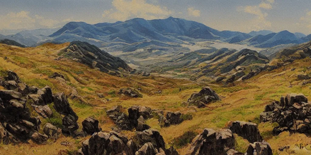 Prompt: grand landscape of rocky hills, art by kotaro chiba