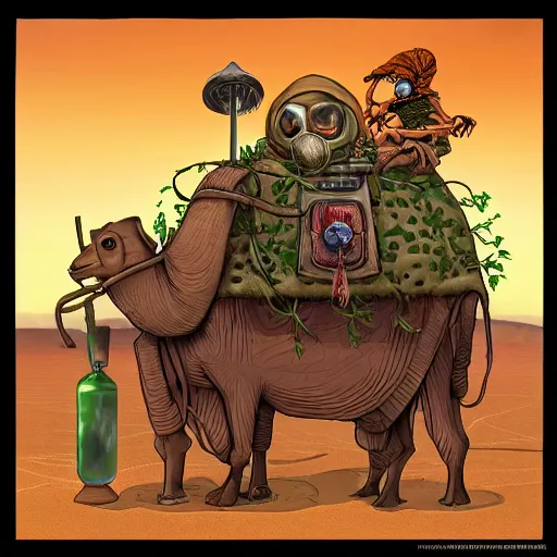 Image similar to several stoner merchants in robes with integrated bong gas mask appliances, trucking bales of herbs across an alien desert with camel-like creatures in tow. Album art by Arik Roper