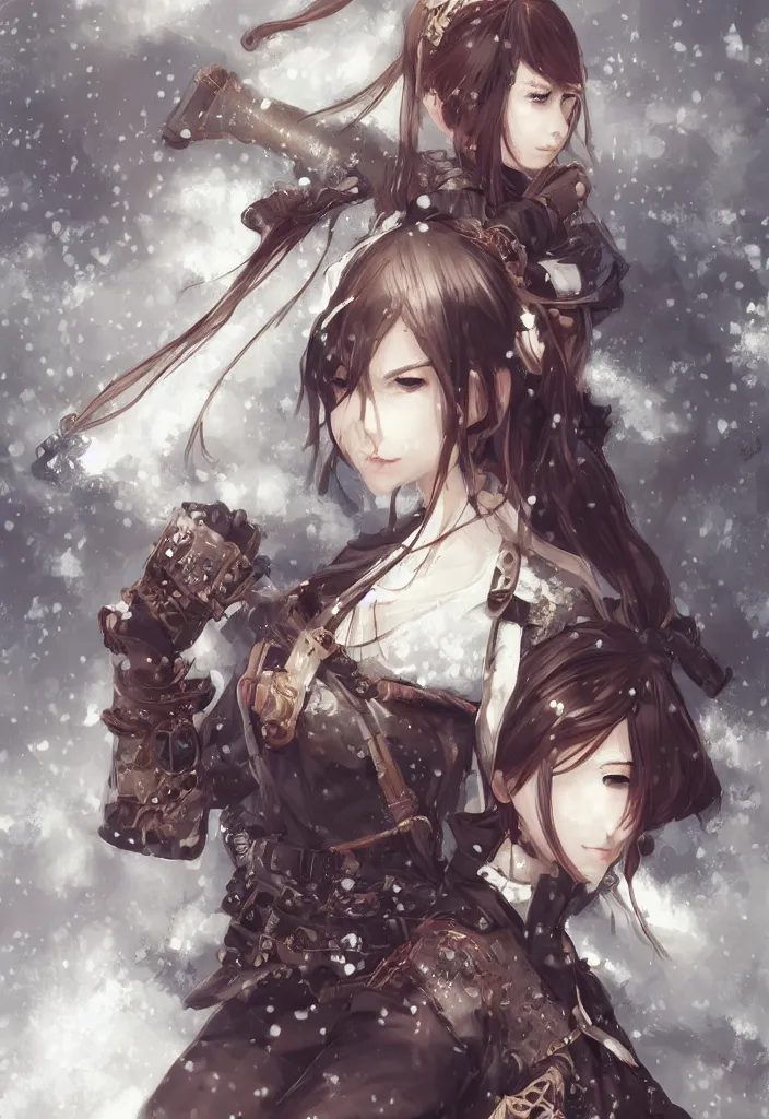 Image similar to portrait of steampunk girl samurai with double swords combat pose in snow forest trending on artstation krenz cushart