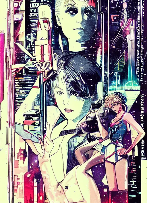 Prompt: illustration of sailor moon in the world of blade runner 1 9 8 2, poster in 8 0 s style, joao ruas style