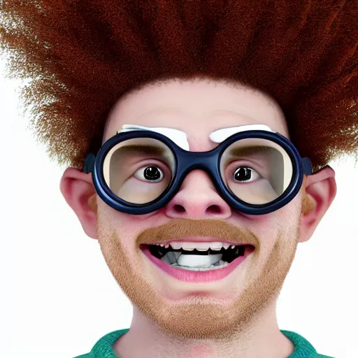 Prompt: A mugshot of a smiling with missing teeth guy with cartoonishly oversized goggles and a curly ginger afro wearing an argyle sweater vest, portrait, realistic, hyperrealistic, 4k resolution, 8k resolution, HD Quality, highly detailed, very detailed, detailed, studio quality lighting, real life