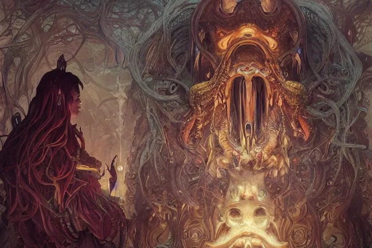 Prompt: a lovecraftian painting of a demonic shrine, occult, cult members, cosmic horror elements, ultra realistic, concept art, intricate details, eerie, highly detailed, photorealistic, octane render, 8 k, unreal engine. art by artgerm and greg rutkowski and alphonse mucha