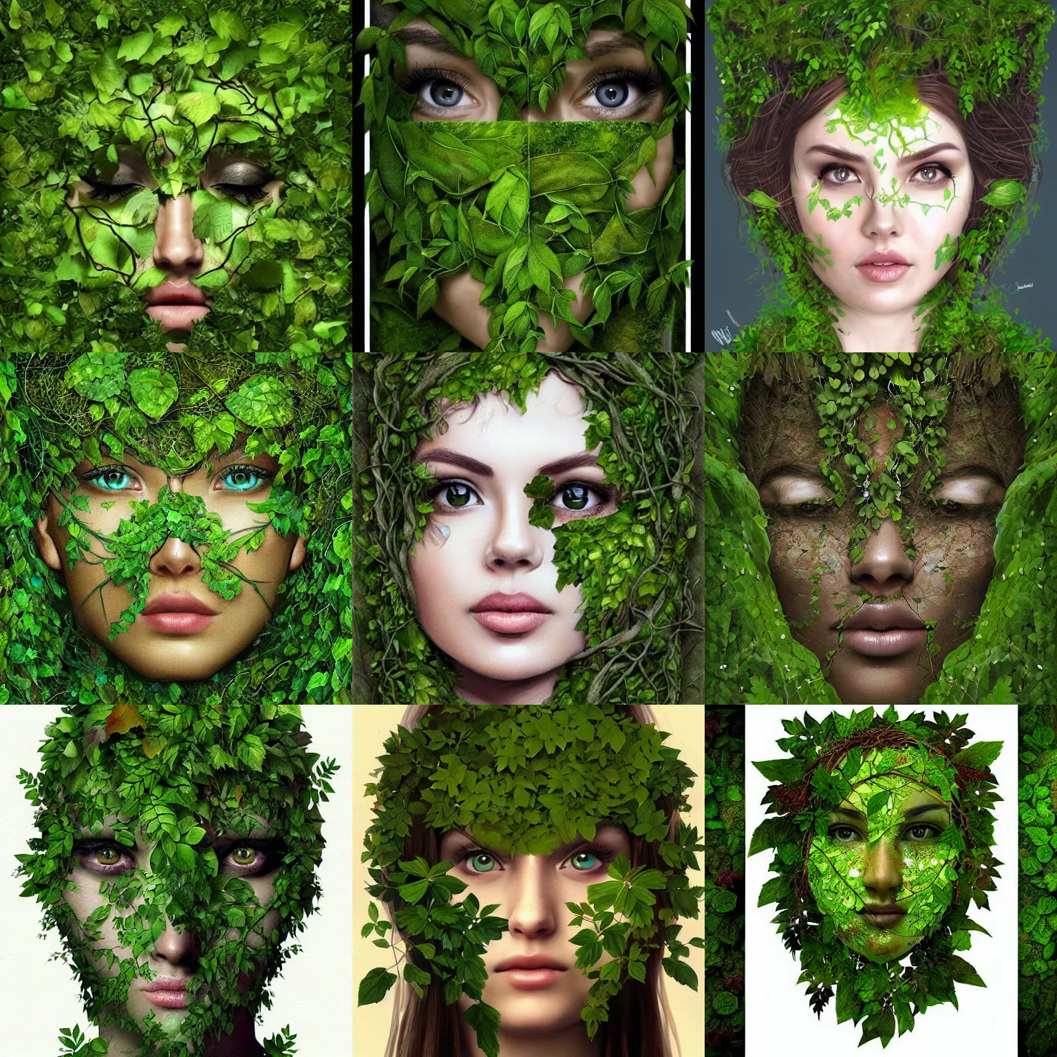 Prompt: leaves, vines, moss in the shape of a face, portrait made of leaves, vines, foliage, moss, concept art by Artgerm