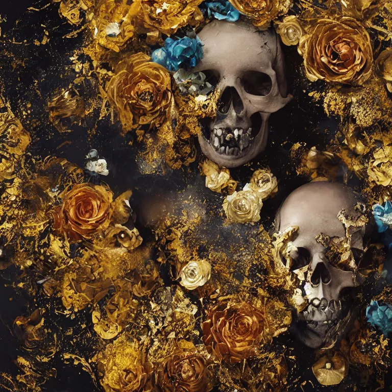 Image similar to A beautiful oil painting hyperrealism of a decayed black head, rotting black clay skin, skull bones, gold flowers, gold floral headdress, 8k resolution, octane render, Trending on artstation, by Gediminas Pranckevicius, volumetric light 2blue fractal Thunder glow by dan mumford, anaglyph effect, Laurie Lipton