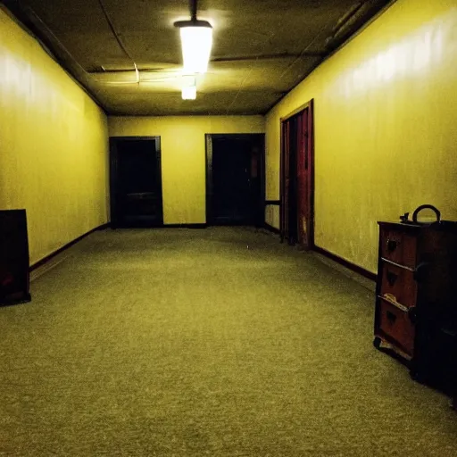 Image similar to flash low quality photograph of the backrooms, mustard - yellow old moldy moist carpet room, empty liminal space, very dark shadows, broken fluorescent lighting, horror movie scene, film grain