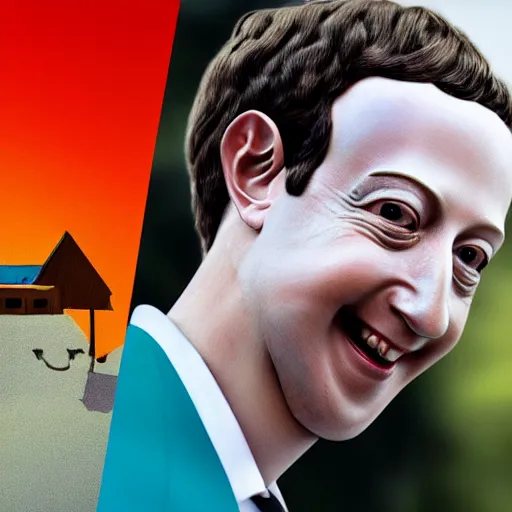 Image similar to closeup photo of mark zuckerberg dressed as pee wee herman, sunny day, village house, pastoral, happy, cinematic, art by jan urschel and neil blevins