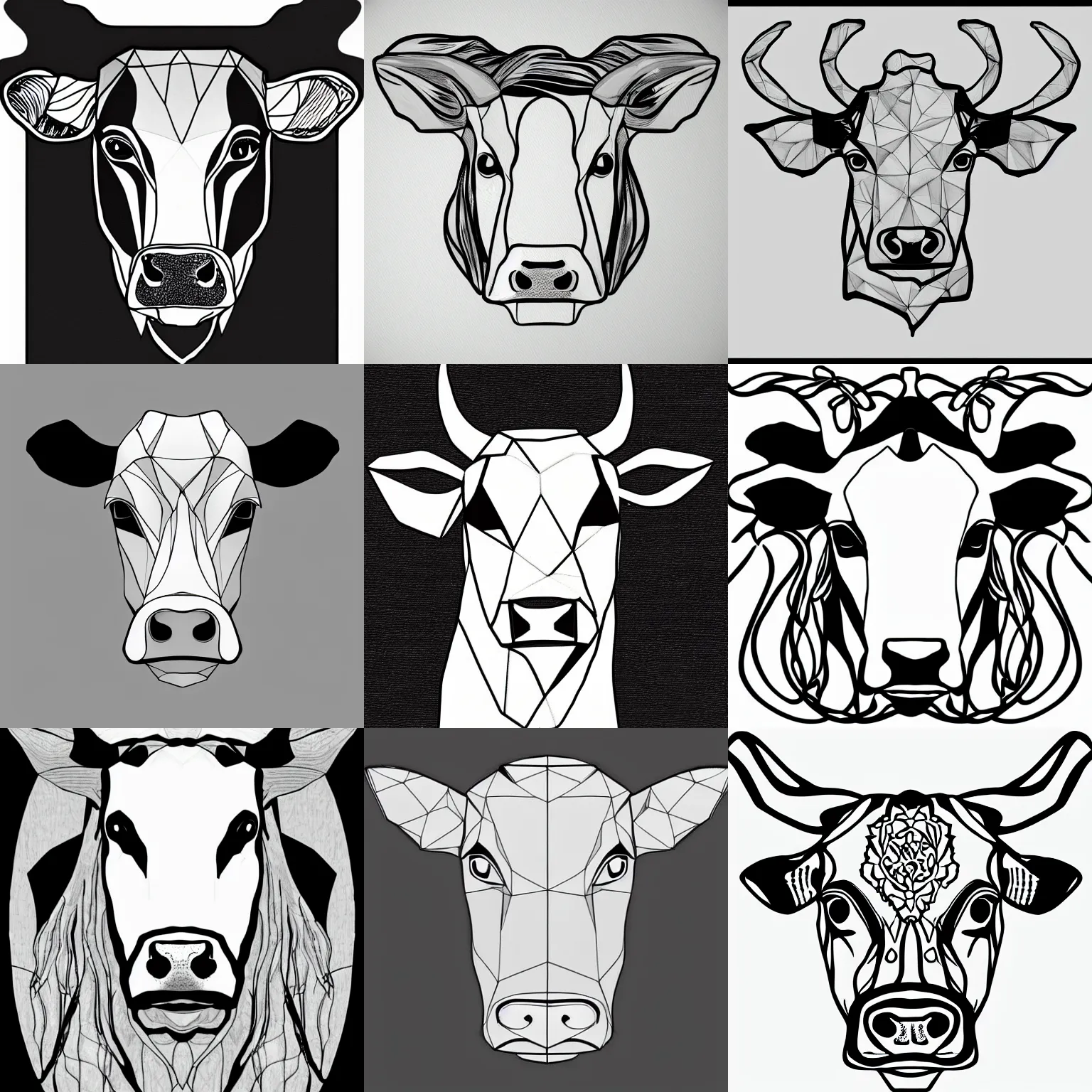 Prompt: an art nouveau portrait of a cow head, low poly outlines, connecting lines, black on white line art