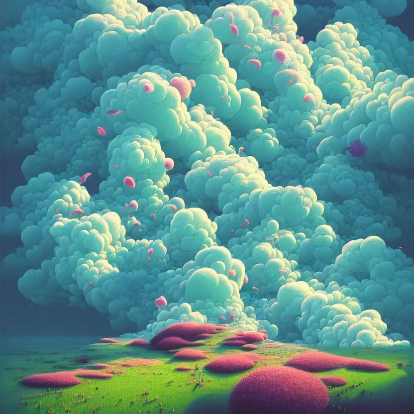 Image similar to white sea cloud, summer morning, very coherent and colorful high contrast, art by! gediminas pranckevicius! geof darrow, pastel color, volumetric lighting, cinematic, floralpunk screen printing woodblock, dark shadows, hard lighting, stippling art