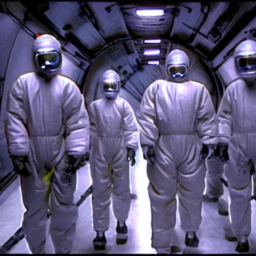 Prompt: movie still of men in hazmat suits entering giant industrial tunnel full of cables and lights from the film akira