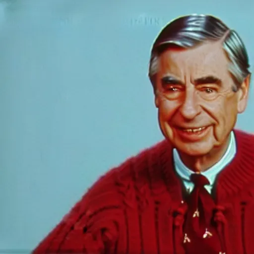 Prompt: sad, distraught, Mister Rogers crying in the corner of a 1960s television studio, vhs capture, screenshot