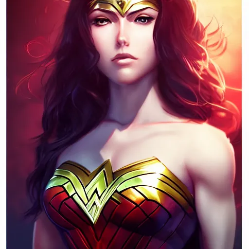 Image similar to A potrait of realistic anime wonder woman, digital painting, by WLOP and Rossdraws, digital painting, trending on ArtStation, deviantart