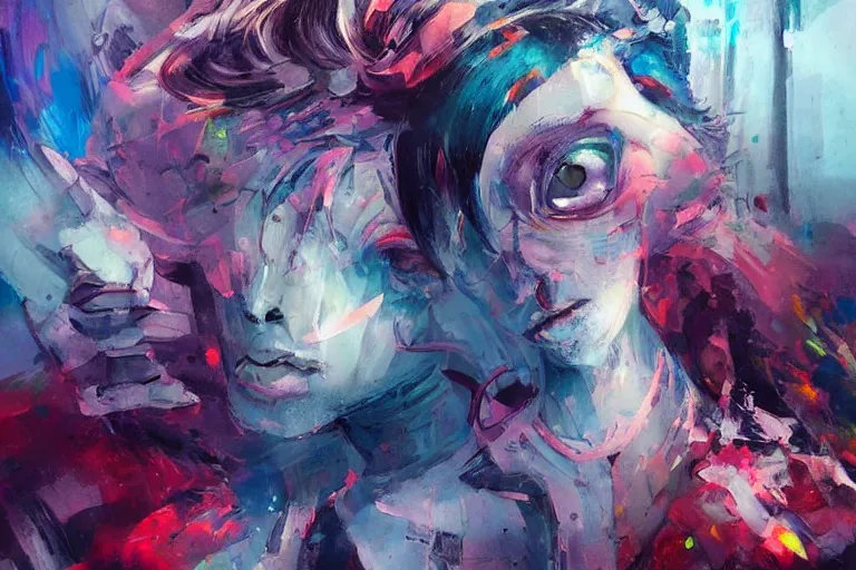 Image similar to artistic dirty art acrylic painting, paint brushstrokes and squeegeed dirty artwork, art by ross tran style reminiscent of illustrative children books, surreal, human figures, low tons colors, futuristic world leaders of terror 2 1 th century