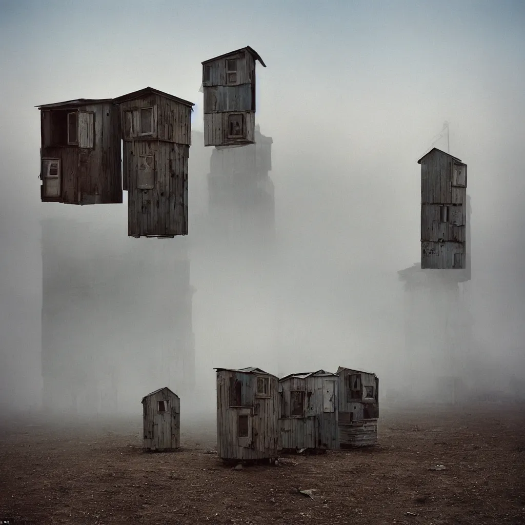 Image similar to two towers, made up of makeshift squatter shacks with faded colours, plain uniform sky at the back, uneven fog, dystopia, mamiya, f 1 1, fully frontal view, ultra sharp, very detailed, photographed by julie blackmon