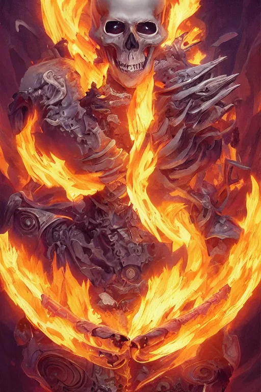 Prompt: skeleton burning in yellow flame spell scroll art by artgerm and greg rutkowski and Craig Mullins, James Jean, Andrey Ryabovichev, Mark Simonetti and Peter Morbacher 16k